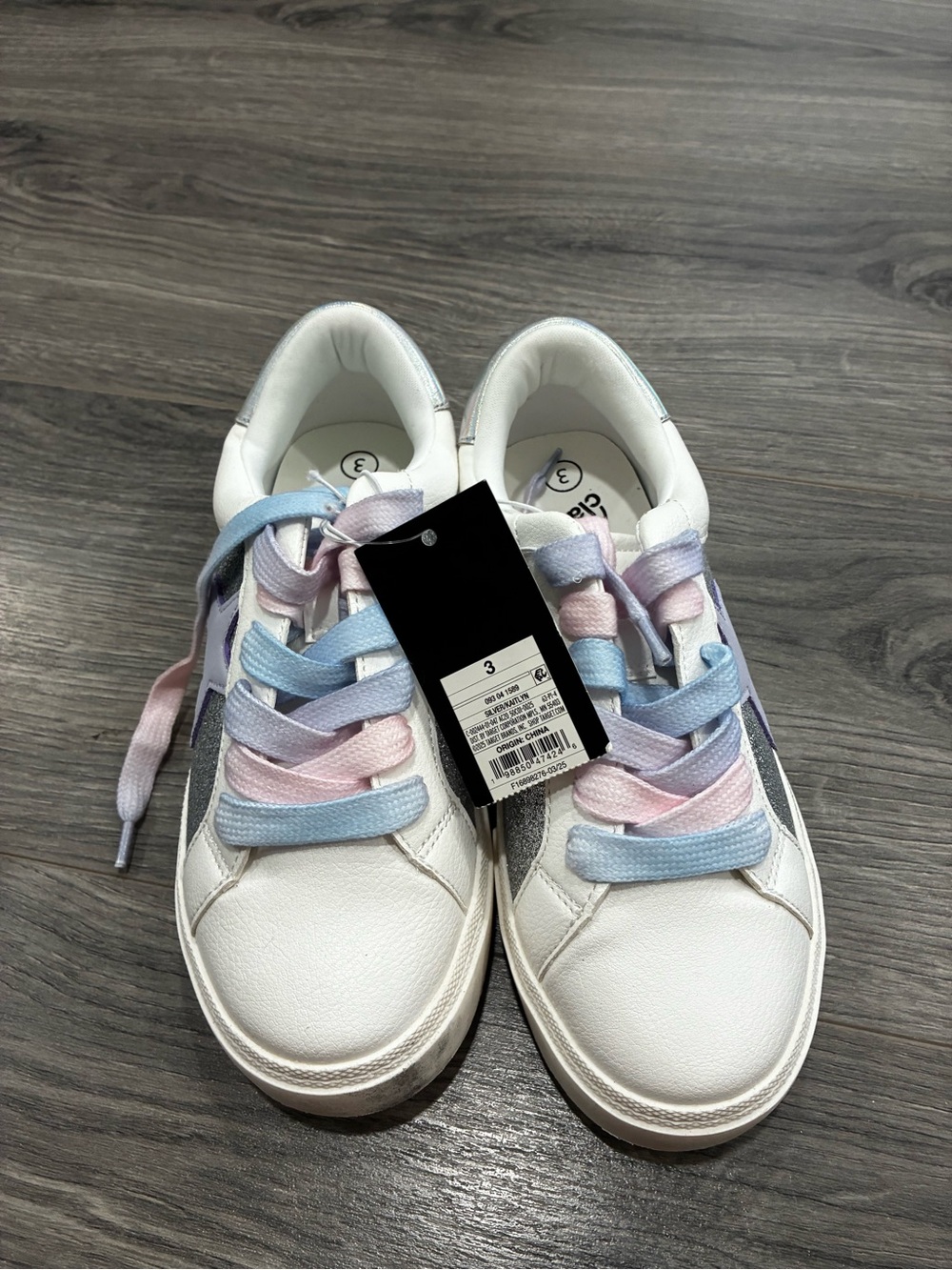 White Kids Sneakers with Pastel Pink & Blue Laces